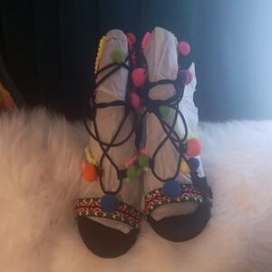 Anne Michelle Multicolor Pom Pom Sandals